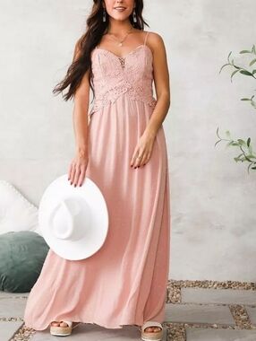 A. Peach Swiss Dot Powder Pink Crinkle Maxi Dress Size S Crochet Boho